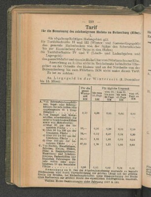 Tarif für die Benutzung des reichseigenen Hafens zu Boizenburg (Elbe). I.