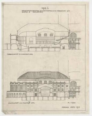 Thiersch, Friedrich von; Frankfurt / Main (Hessen); Festhalle - Großer Saal (Längsschnitt); Kleiner Saal (Querschnitt)