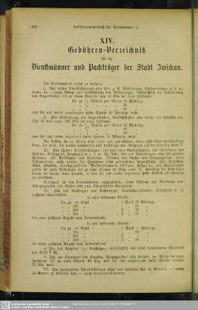 XIV. Gebühren-Verzeichniß für die Dienstmänner und Packträger der Stadt Zwickau