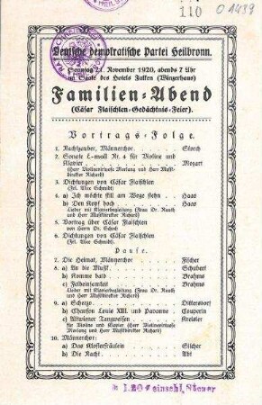 Programmblatt zu einem Familien-Abend der Dt. Demokratischen Partei (Cäsar Flaischlen-Gedächtnis-Feier) im Hotel Falken