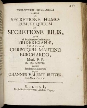 Exercitatio Physiologica Altera De Secretione Humorum, Et Quidem De Secretione Bilis