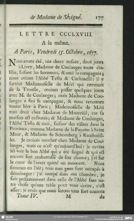Lettre CCCLXVIII. A la même. A Paris, Vendredi 15. Octobre, 1677