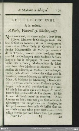 Lettre CCCLXVIII. A la même. A Paris, Vendredi 15. Octobre, 1677