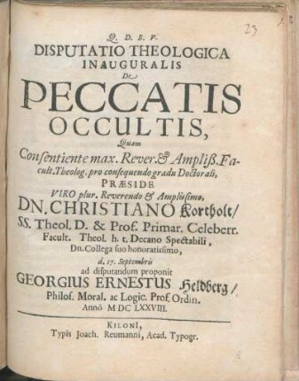 Disputatio Theologica Inauguralis De Peccatis Occultis