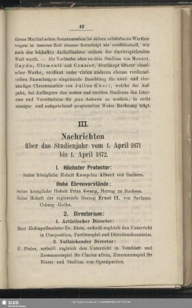 III. Nachrichten über das Studienjahr vom 1. April 1871 bis 1. April 1872