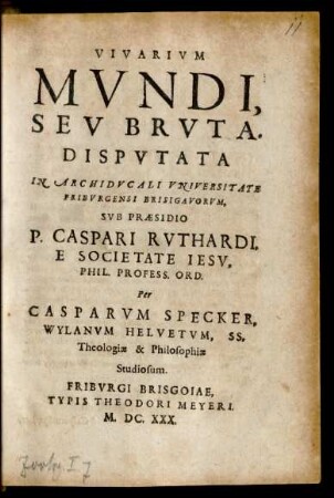 Vivarium Mundi, Seu Bruta. Disputata