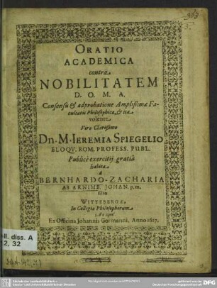 Oratio academica contra nobilitatem ...