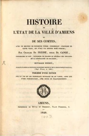 Histoire de l'état de la ville d'Amiens et de ses comtes