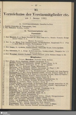 XI. Verzeichniss der Vereinsmitglieder etc. am 1. Januar 1882