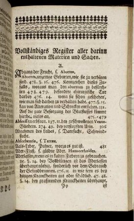 Vollständiges Register aller darinn enthaltenen Materien und Sachen.