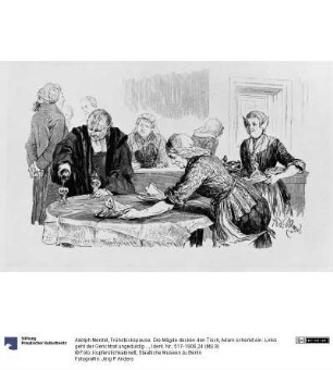 Frühstückspause. Die Mägde decken den Tisch, Adam schenkt ein. Links geht der Gerichtrat ungeduldig auf und ab, zu Heinrich von Kleist "Der Zerbrochene Krug"