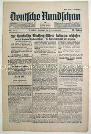 Tageszeitung "Deutsche Rundschau" (Bromberg) u.a. zur Ermordung des rumänischen Ministerpräsidenten