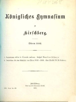 Königliches Gymnasium zu Hirschberg i. Schl. : Ostern .... 1882/83