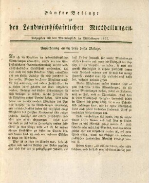 Fünfte Beilage zu den Landwirthschaftlichen Mittheilungen. Ausgegeben mit dem Novemberstücke der Mittheilungen 1827.