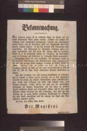 Maueranschlag: Bekanntmachung. Aufruf des Magistrats zur Aufrechterhaltung der öffentlichen Ordnung; Berlin, 27. Mai 1848
