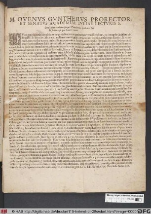 M. Ovenus Guntherus Prorector, Et Senatus Academiae Iuliae Lecturis S. : P.P. Helmstadii 17. Decemb. Anno 1606.
