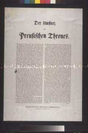 Maueranschlag: Der Umsturz des Preußischen Thrones. Flugschrift zur Verfassungsfrage von Beta; undatiert