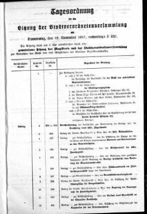 Anlage: Tagesordnung für die Sitzung, 10. November 1917