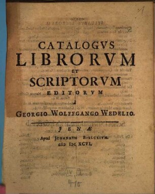Catalogus Librorum Et Scriptorum Editorum à Georgio Wolffgango Wedelio