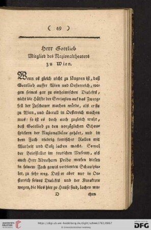 Herr Gottlieb. Mitglied des Nazionaltheaters zu Wien
