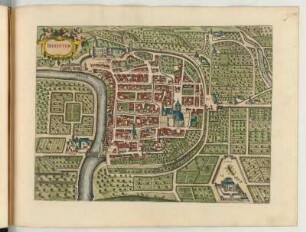 Vogelschauplan von Trient, Italien, 1:3 400, kolorierter Kupferstich, um 1682 : Tridentum. - [Ca. 1:3 400]. - [Amsterdam] : [Bÿ d' Erfsgenamen van Joannes Janssonius van Waesberge], [1682]. - 1 Vogelschauplan : Kupferstich. ; 46 x 34 cm (Karte)
