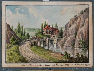 Blick in den Plauenschen Grund nach Süden mit der Hegereiterbrücke und dem Forsthaus (Hegereiterhaus)