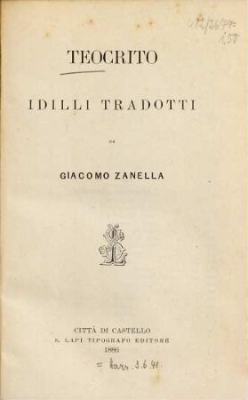 Teocrito : Idilli tradotti da Giacomo Zanella