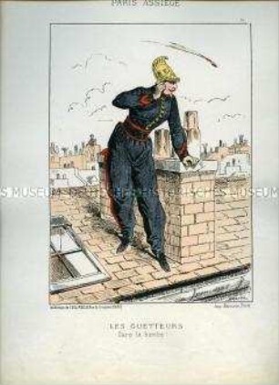 Karikatur, Wachhabender der National-Garde warnt vorm Einschlag deutscher Geschosse, Frankreich 1870. Tafel 15 aus: Paris assiégé. Scènes de la vie parisienne pendant le siège.