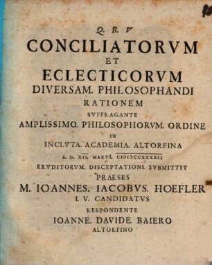 Conciliatorum et eclecticorum diversam philosophandi rationem