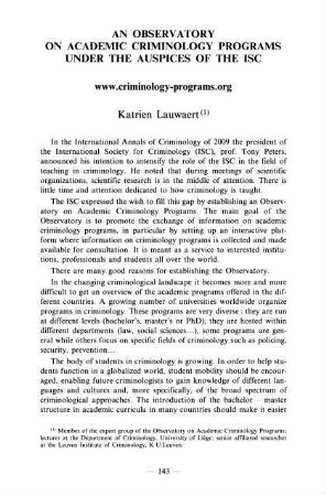 143-146, An observatory on academic criminology programs unter the auspices of the ISC (www.criminology-programs.org)