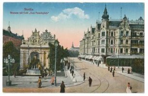 Stettin. Brunnen mit Café "Zum Paradeplatz"