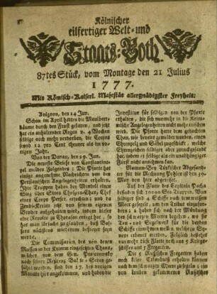 Kölnischer eilfertiger Welt- und Staats-Both. 1777-1777