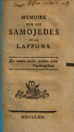 Mémoire Sur Les Samojèdes Et Les Lappons