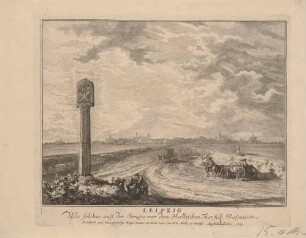 Reihe von vier Stadtansichten von Leipzig aus größerer Entfernung von den Straßen vor den vier Toren, hier von der Straße nach Magdeburg vor dem Halleschen Tor im Norden
