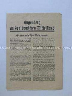 Propagandaflugblatt der DNVP zur Reichstagswahl 1930 mit Ausrichtung auf den Mittelstand