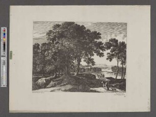[Waldlandschaft mit Fluss und Bauern]