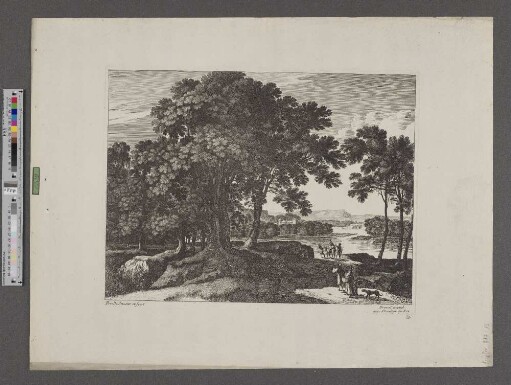 [Waldlandschaft mit Fluss und Bauern]