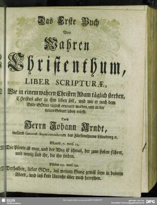 Das Erste Buch Vom Wahren Christenthum, Liber Scripturae, Wie in einem wahren Christen Adam täglich sterben ...