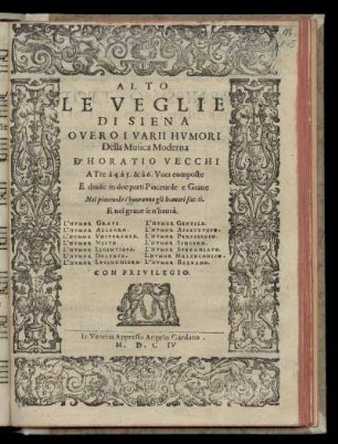Orazio Vecchi: Le Veglie di Siena ... Alto