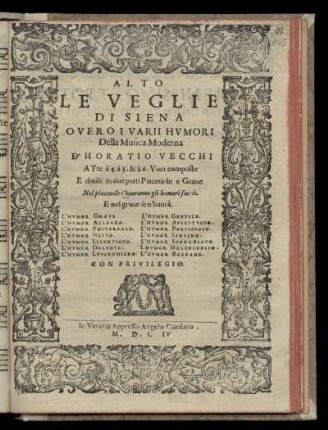 Orazio Vecchi: Le Veglie di Siena ... Alto