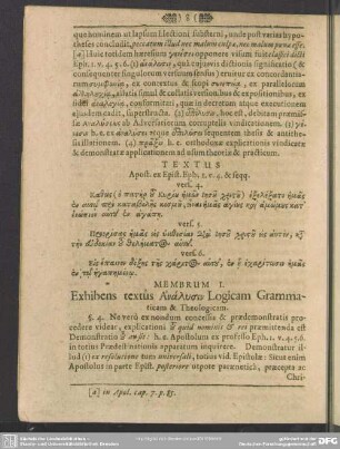 Membrum I. Exhibens textus Analysin Logicam Grammaticam & Theologicam