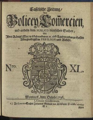 Nro. XL, Montags, den 1. Octobr 1736