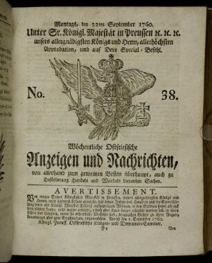No. 38. Montags, den 22ten September 1760.
