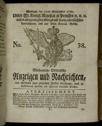 No. 38. Montags, den 22ten September 1760.