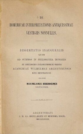 De Homericae interpretationis antiquissimae vestigiis nonnullis ...