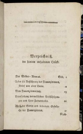 Verzeichniß, der hierinn enthaltenen Stücke.