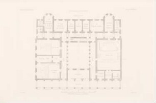 Gerichtshaus, Elberfeld: Grundriss 1.OG (aus: Atlas zur Zeitschrift für Bauwesen, hrsg. v. G. Erbkam, Jg. 2, 1852)