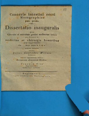 Canceris intestini recti nosographiae pars prima : diss. inaug.