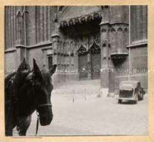 Portal der Schlosskirche von Jena, ein Pferd steht im Vordergrund