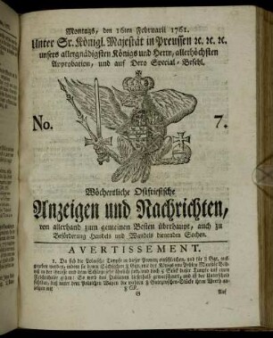 No. 7. Montags, den 16ten Februarii 1761.